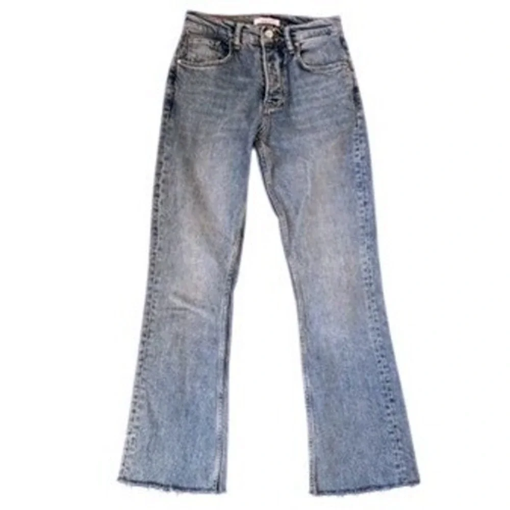 Anine Bing‎ High Rise Flare Jeans Light Wash Blue Raw Hem Size 24 Button Fly